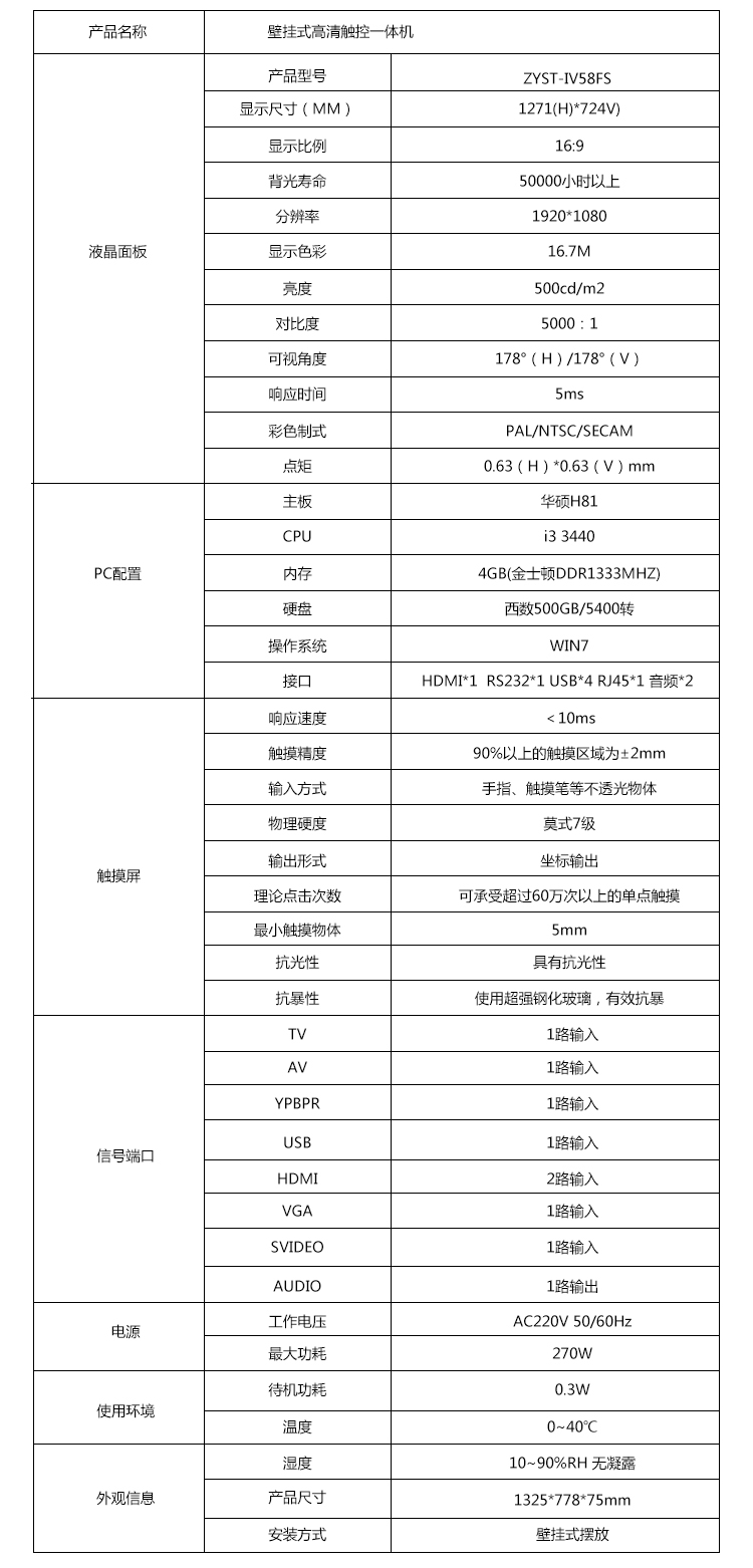 58寸壁掛觸摸一體機